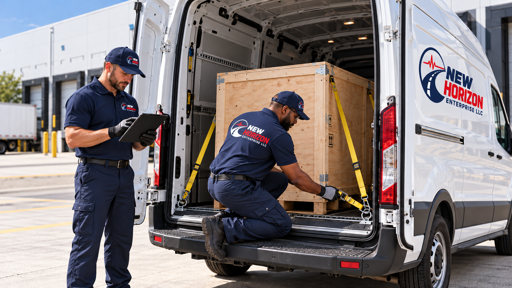 Illustrative crew securing crated specialized equipment in a cargo van